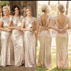 REVELRY bridesmaid dress CHLOE maxi scoop back sequins cap sleeve gold small 6